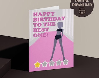 May include: Pink birthday card with a silhouette of a person on a pink runway. The card says "Happy Birthday to the Best One!" and has a five-star rating with one gold star.