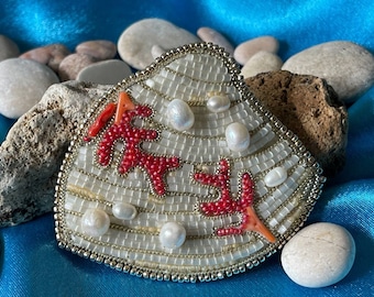 Handmade Beaded Seashell Brooch: Pearl & Coral Accent