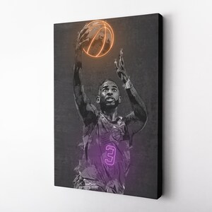 May include: A black and white illustration of a basketball player in a purple jersey with the number 3 on the front, shooting a basketball with an orange glow. The background is a dark gray.