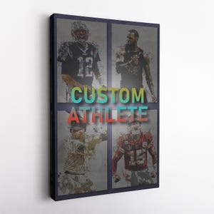 May include: A collage of four athletes in action. The athletes are wearing different uniforms and are in various poses. The text "CUSTOM ATHLETE" is displayed in the center of the collage.