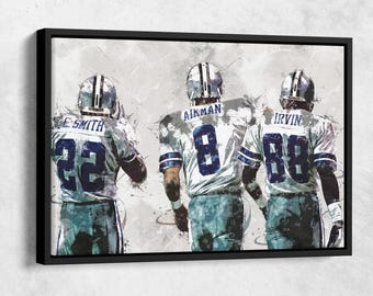 Troy Aikman Emmitt Smith Michael Irvin Poster, Dallas Cowboys, Canvas Print, Framed Poster, Kids Decor, Man Cave Gift, Wall Art Decor