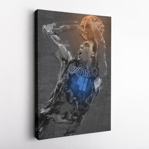 May include: A black and white illustration of a basketball player in mid-air, shooting a basketball. The player is wearing a jersey with the word "Dallas" and the number "41" on it. The basketball is orange and has a glow around it.