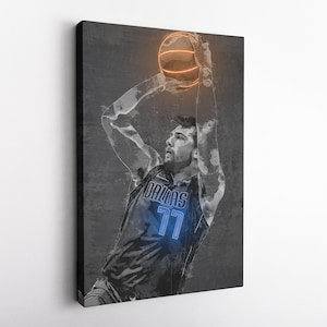 May include: A black and white illustration of a basketball player in a Dallas jersey with the number 77 in blue neon. The player is jumping and shooting a basketball with an orange glow.
