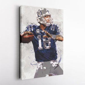 May include: A digital painting of a football player wearing a blue jersey with the number 18 on it. The player is wearing a white helmet with a blue horseshoe logo. The background is a white and gray abstract design.
