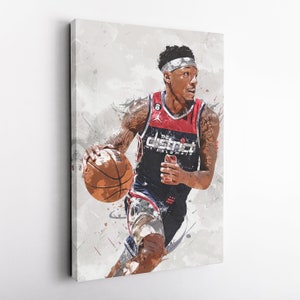 May include: A basketball player dribbling a basketball. He is wearing a red and blue jersey with the text "The District" on the front. The background is a gray and white abstract design.