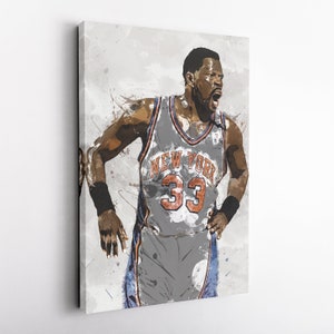 May include: A canvas print of a basketball player in a New York Knicks jersey, number 33. The artwork features a watercolor style with gray, orange, and blue tones. The player is in an action pose, with an open mouth.