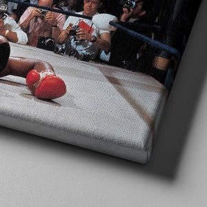 Peut inclure: Un boxeur g&icirc;t sur le ring de boxe, portant des gants de boxe rouges. Le boxeur est entour&eacute; de spectateurs, dont certains prennent des photos.