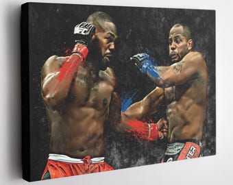 May include: Two men in a boxing ring, one wearing red shorts and the other wearing black and white shorts. The man in red shorts is throwing a punch with his right hand, while the man in black and white shorts is blocking the punch with his left arm. The background is dark and blurry.