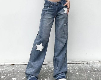 y2k star blue denim jeans for women streetwear grunge clothing for womens summer trousers