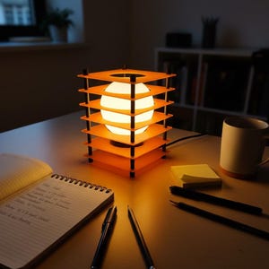May include: An orange and black geometric table lamp with a spherical light source. The lamp is on a wooden desk with a notebook, pens, and a mug. The lamp's design features layered square frames.
