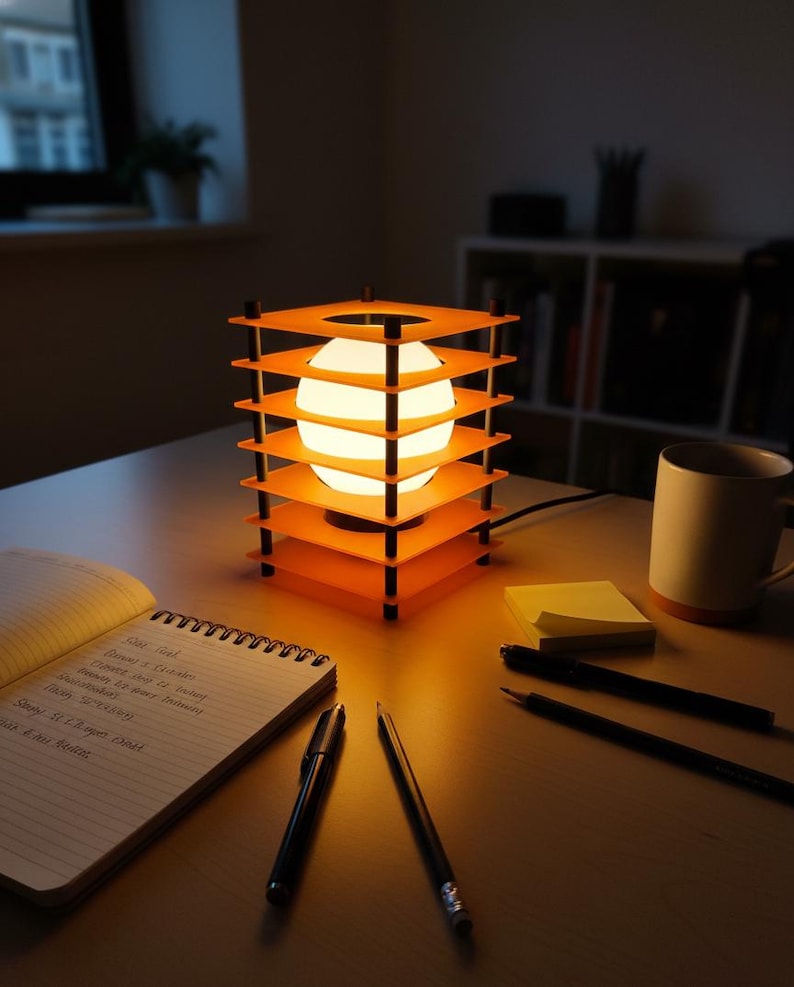 May include: An orange and black geometric table lamp with a spherical light source. The lamp is on a wooden desk with a notebook, pens, and a mug. The lamp's design features layered square frames.