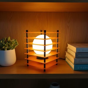 May include: A modern orange and black table lamp with a spherical light source. The lamp has a unique geometric design with multiple square shelves. The lamp is on a wooden shelf with books and a potted plant.