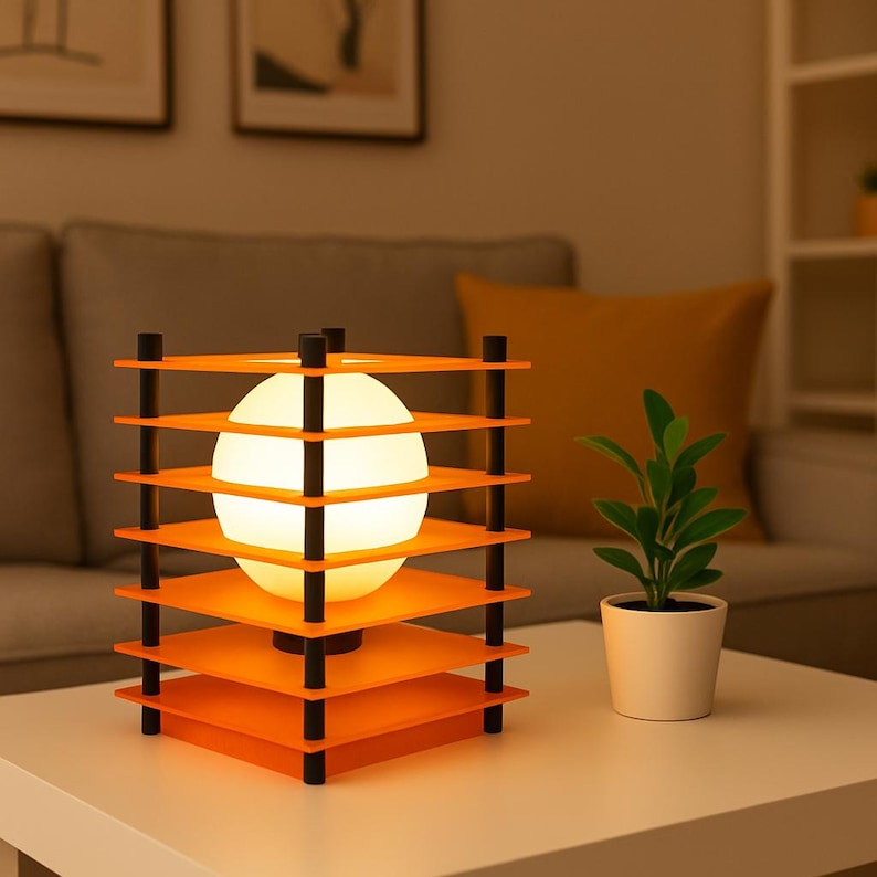 May include: A modern orange and black table lamp with a spherical light source. The lamp has a geometric design with horizontal orange shelves supported by black vertical posts. The lamp is on a white table, with a small potted plant nearby.