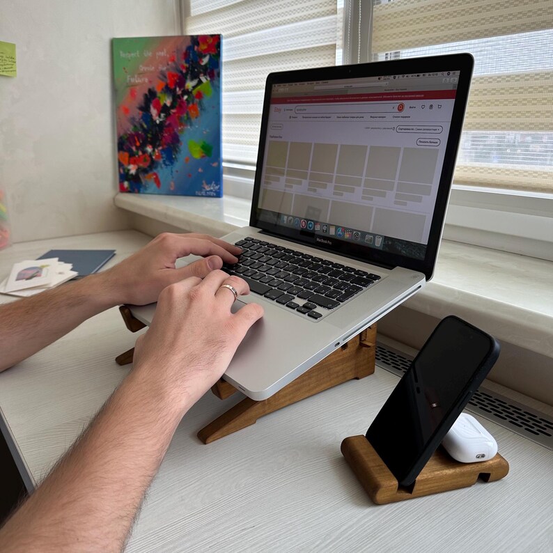Timber Computer Stand Handmade Wood Laptop Stand With Phone Holder: Ergonomic Desk Riser - Etsy