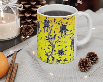 Avian Spring Coffee Mug - Yellow | Birds and Flowers | Birthday Gift (11oz)