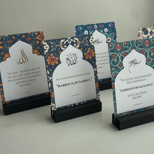 Cartões decorativos A6, oriental, Islã, Alcorão, suporte, preto, madeira, decoração de mesa, ayet