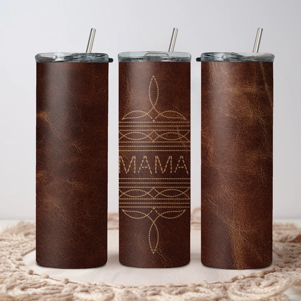 MAMA Brown Boot Toe Stitch Skinny Tumbler Wrap PNG - Western Tumbler, Cowboy Boot Style, Mother's Day Gift, Mom, Nana, Mum, Grandma, Custom