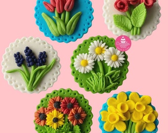 6er "Blumen Cupcake Toppers" Box, handgemacht und essbar aus Fondant