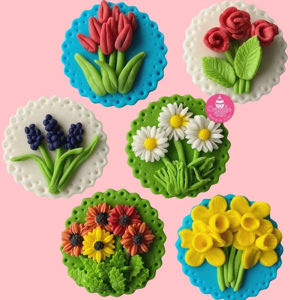 6er "Blumen Cupcake Toppers" Box, handgemacht und essbar aus Fondant