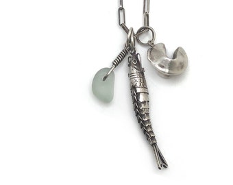 Sterling Silver Fortune Cookie Locket Vintage Articulated Fish Aqua Beach Glass Charm Long Necklace