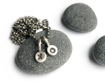 Initial Necklace Personalized Two Small Sterling Silver Paddle Tags Hand Stamped Dot Charms x o Grandma Mother Gift
