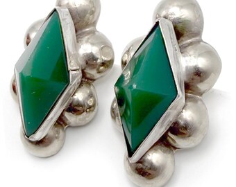 Sterling Silver Taxco Mexico Screw Back Earrings Green Onyx Kite Shape Vintage