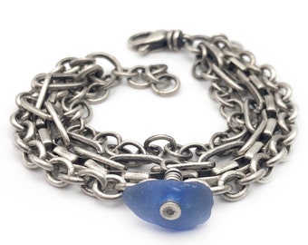 Blue Seaglass Beach Glass Sterling Silver Multi Chain Bracelet Adjustable Cable Box Chains