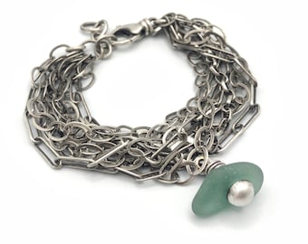 Seaglass Beach Glass Sterling Silver Multi Chain Bracelet Wear With or Without Charm