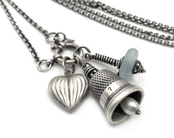 Sterling Silver Long Necklace Vintage Charms Thimble Bell Thimbell Pearl Puffy Heart Seaglass Nettie 7