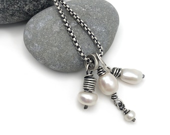 Sterling Silver Freshwater Pearl Charm Necklace Venetian Rounded Box Chain Adjustable Unique