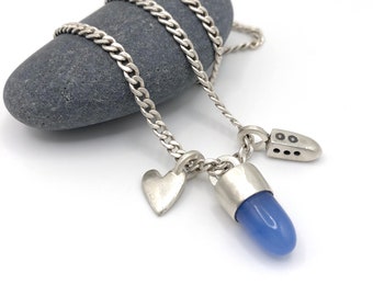 Bezel Set Bullet Chalcedony Heart Funky Charm Trio Necklace 21 Inch Sterling Silver Curb Chain Periwinkle Blue