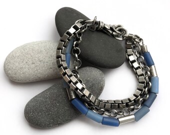 Antique African Fulani Ceremony Bead Sterling Silver Box Chain Rolo Multichain Bracelet Blue Adjustable Size Swivel Clasp