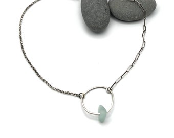 Sterling Silver Aqua Seaglass O Circle Necklace Asymmetrical