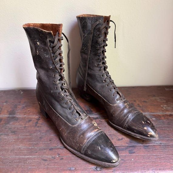 Antique Edwardian Leather Lace Up Boots c. 1900 Alfred J Ruby Detroit MI Victorian High Top Granny Boots, Prop Display Authentic