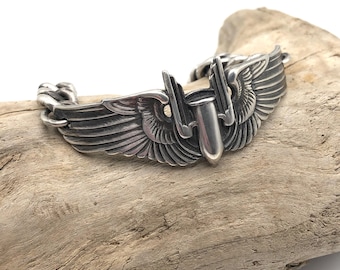 Vintage WWII Sterling Silver Air Force Wing Bracelet: Heavy Curb