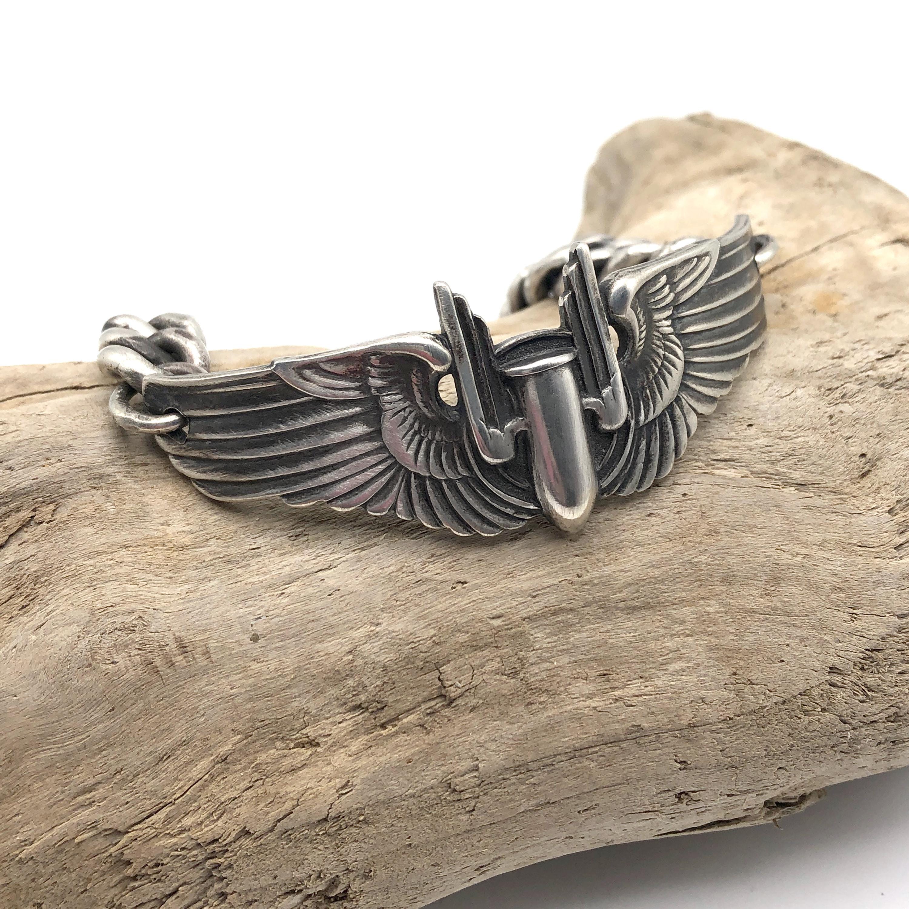 Vintage WWII Sterling Silver Air Force Wing Bracelet: Heavy Curb