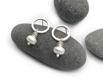 Sterling Silver Pearl Post Back Earrings Circle Handmade Unique Satin Brushed Finish