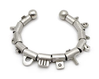 Sterling Silver Cuff Bracelet Abstract Geometric Patterned Hand Made Beads Fidget Unique