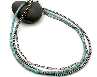 Sterling Silver Turquoise Bead Necklace Multichain Heishi Bead Paperclip Chain Adjustable Length Boho