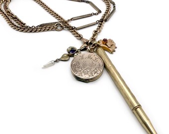 Antique Victorian Gold Filled Charm Necklace Watch Fob Chain Necklace Locket Pencil Lovelier