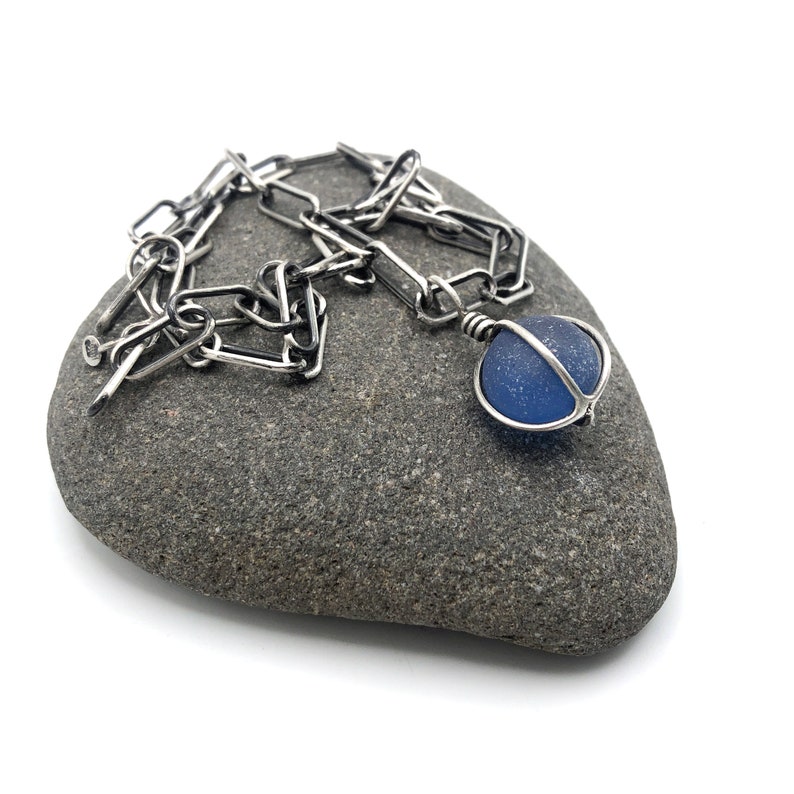 Blue Authentic Seaglass Marble Pendant Necklace Sterling Silver Adjustable Oblong Cable Paperclip Chain image 5