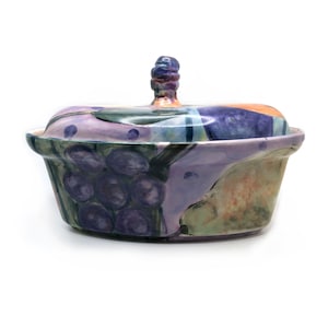 Patti Schneider Handmade Ceramic Lidded Porcelain Casserole Dish Colorful Fruit Pottery Signed Cleveland