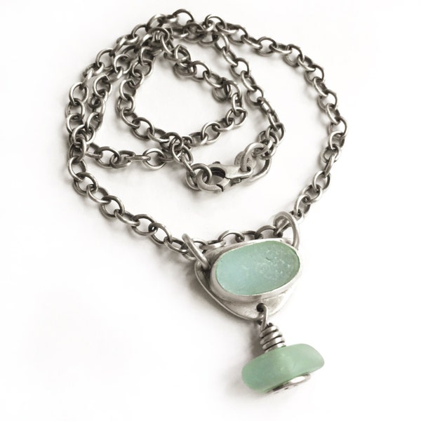 Aqua Seaglass Beach Glass Bezel Set Necklace Sterling Silver Cable Chain / The Kate Necklace