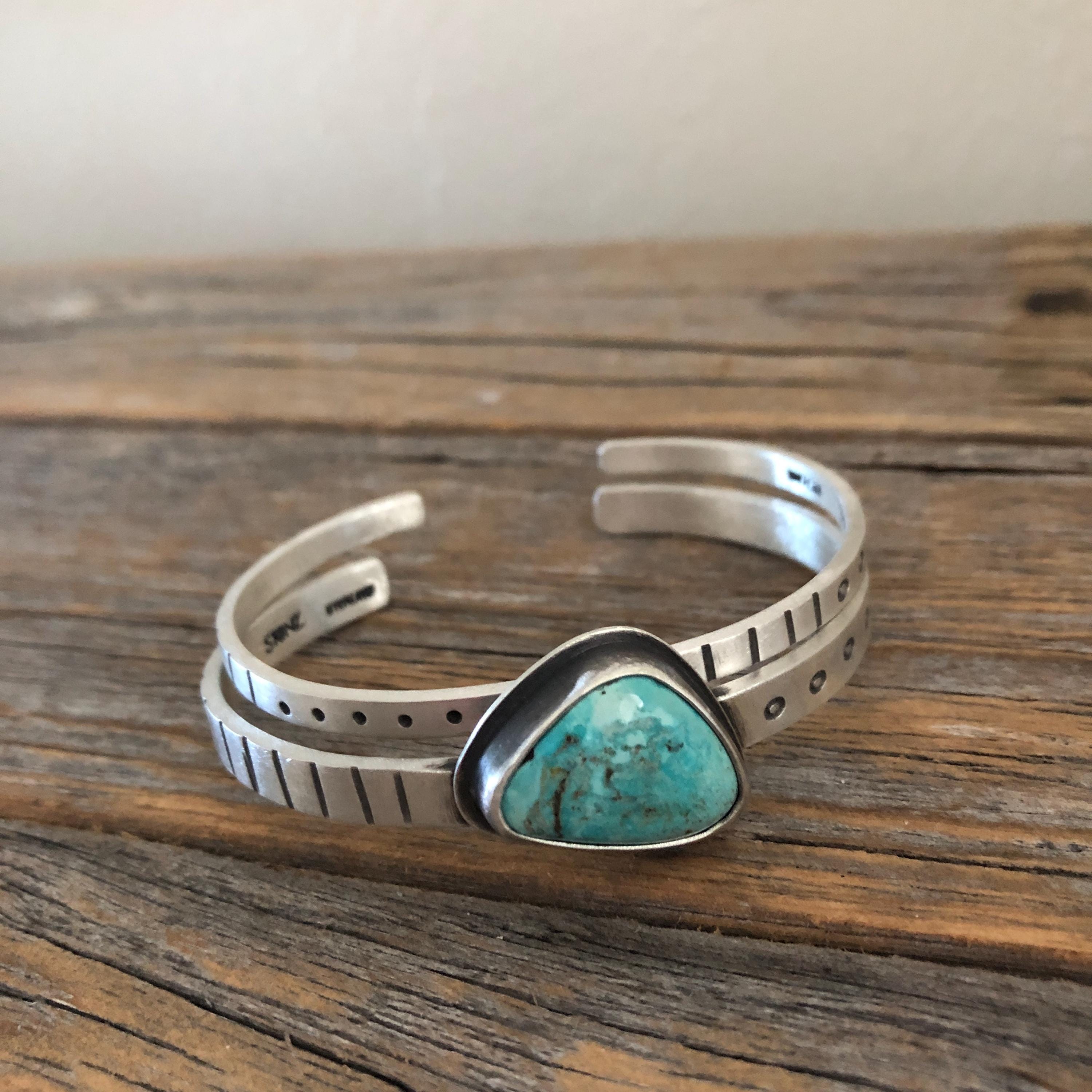 Turquoise Pattern Stamped Sterling Silver Cuff Bracelet Pair