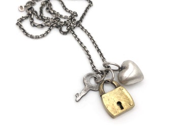 Vintage Padlock Lock Sterling Puffy Heart Key Charm Necklace Adjustable Mixed Metal