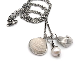 Sterling Silver Fortune Cookie Locket Sea Shell Pearl Charm Long Necklace Adjustable
