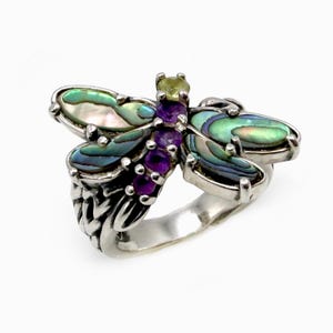 Carolyn Pollack Dragonfly Ring Sterling Silver Abalone Amethyst Peridot Size 5