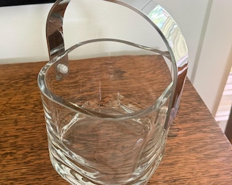 Vintage Orrefors Heavy Square Crystal Ice Bucket Metal Handle Henning Koppel Sweden