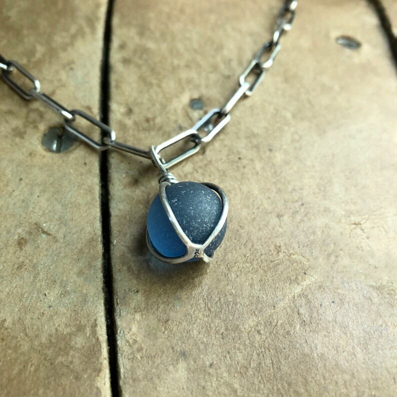Blue Authentic Seaglass Marble Pendant Necklace Sterling Silver Adjustable Oblong Cable Paperclip Chain image 6