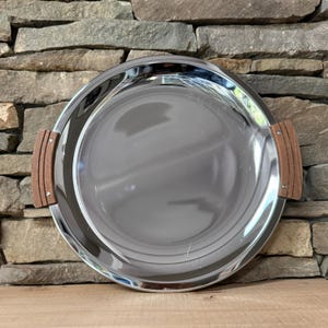 MCM Mid Century Modern Kromex Stainless Steel Round Tray Wood Handles 1960&#39;s